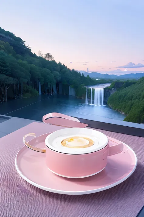 spring pink atmosphere，clouds dotted，waterfall background，milk tea center business