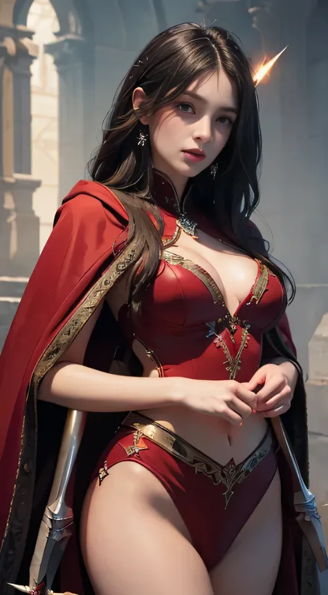 ((Masterpiece))), ((Best Quality))), ((Ultra Detailed)), (Surreal), (Highly Detailed CG Illustration), Cinematic Light, Realistic, Very Beautiful Young Lady,Sexy, Light Makeup, Intricate Details EABA, Red Cloak, Spear