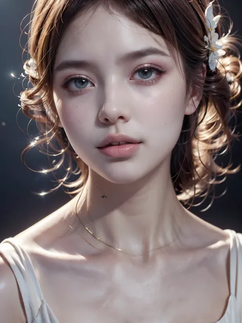 fine skin、delicate features、Bright colors、soft lighting、digital painting、Realistic stage photos、High resolution、bright eyes、perfect skin、shining cheeks、shiny hair、elegant pose、fascinating look、Atmospheric background、Airy beauty、sophisticated details、captiv...