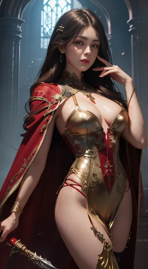 ((Masterpiece))), ((Best Quality))), ((Ultra Detailed)), (Surreal), (Highly Detailed CG Illustration), Cinematic Light, Realistic, Very Beautiful Young Lady,Sexy, Light Makeup, Intricate Details EABA, Red Cloak, Spear