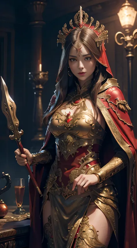 ((Masterpiece))), ((Best Quality))), ((Ultra Detailed)), (Surreal), (Highly Detailed CG Illustration), Cinematic Light, Realistic, Very Beautiful Young Lady,Sexy, Light Makeup, Intricate Details EABA, Red Cloak, Spear