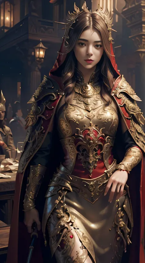 ((Masterpiece))), ((Best Quality))), ((Ultra Detailed)), (Surreal), (Highly Detailed CG Illustration), Cinematic Light, Realistic, Very Beautiful Young Lady,Sexy, Light Makeup, Intricate Details EABA, Red Cloak, Spear