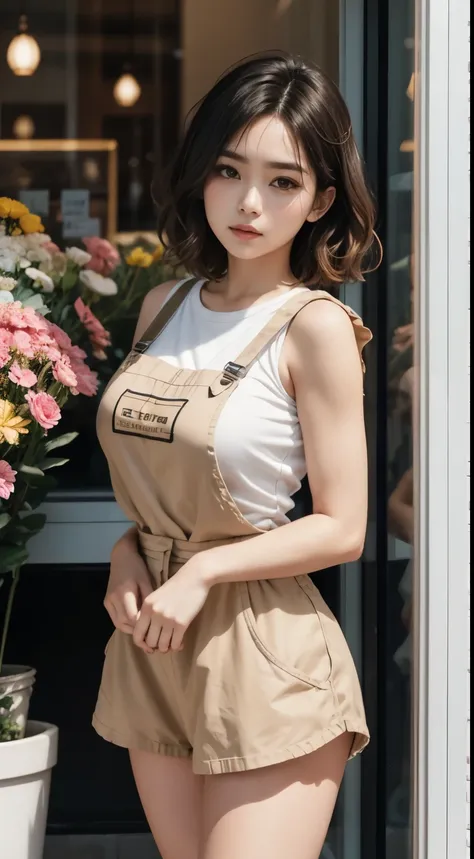 full-body portrait photograph of a young woman with "Wavy shoulder-length short hair." wearing shirt with pinafore, hotpant, oversized_breasts.", she is strongest woman on Earth, beautiful_breasts. sensual body, standing, cute styl chlotes, in a unique, ph...