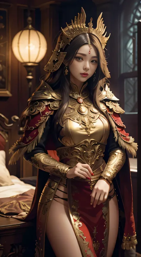 ((Masterpiece))), ((Best Quality))), ((Ultra Detailed)), (Surreal), (Highly Detailed CG Illustration), Cinematic Light, Realistic, Very Beautiful Young Lady,Sexy, Light Makeup, Intricate Details EABA, Red Cloak, Spear