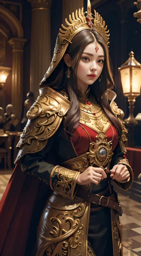 ((Masterpiece))), ((Best Quality))), ((Ultra Detailed)), (Surreal), (Highly Detailed CG Illustration), Cinematic Light, Realistic, Very Beautiful Young Lady,Sexy, Light Makeup, Intricate Details EABA, Red Cloak, Spear