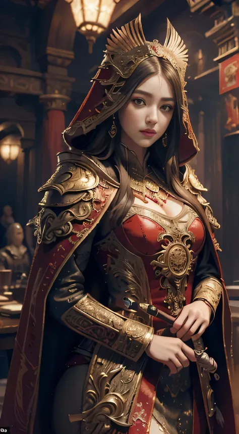 ((Masterpiece))), ((Best Quality))), ((Ultra Detailed)), (Surreal), (Highly Detailed CG Illustration), Cinematic Light, Realistic, Very Beautiful Young Lady,Sexy, Light Makeup, Intricate Details EABA, Red Cloak, Spear