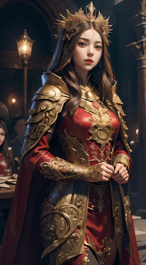 ((Masterpiece))), ((Best Quality))), ((Ultra Detailed)), (Surreal), (Highly Detailed CG Illustration), Cinematic Light, Realistic, Very Beautiful Young Lady,Sexy, Light Makeup, Intricate Details EABA, Red Cloak, Spear