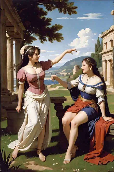 full body portrait or statue、Giorgione painting style,Arguments of two female Philosophe,math、astronomical machine、astronaut、roses in vase、fruits、Cute trinkets、smile、ancient greek costume、Ancient Roman landscape in the style of Nicolas Poussin,laughter,,Sw...