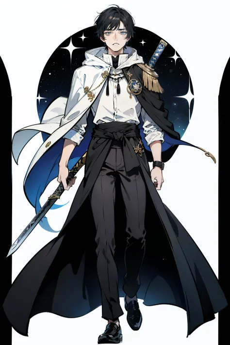 He looks like a sixteen-year-old boy，black hair，M-shaped bangs，Starry blue eyes，Wearing a platinum god cloak，A black belt around the waist，On his waist is a sword scabbard inlaid with silver gems.，Poker face，World-weary teenager