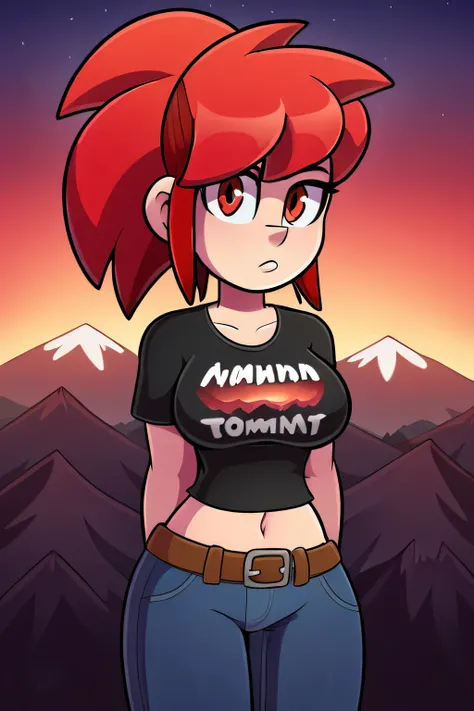 Teenage girl with big chest, red hair, wild hairstyle, big light red eyes, medium nose and black t-shirt, showing navel and her blue jeans wearing a brown belt, volcano mountain background