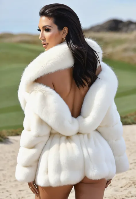 A very wide and very thick, very short white mink fur coat, fifty centimeters thick, duveteux, naturel, with an ultra thick white mink fur collar, three layers, sur Kim Kardashian, fully nude back view, bare shoulders, and two large breast discovered by th...