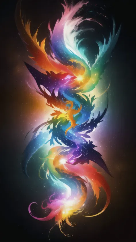 mythical chromosphere: abstract representation of dragon in color explosion of colors and shapes, symbolizing its elemental powe...