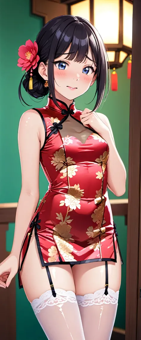 High resolution, 18 year old female , good lighting, despicable, , (No nudity), (((shiny cheongsam))),(garter belt),cute face, I&#39;m embarrassed and blush, humiliating, ((See-through)),