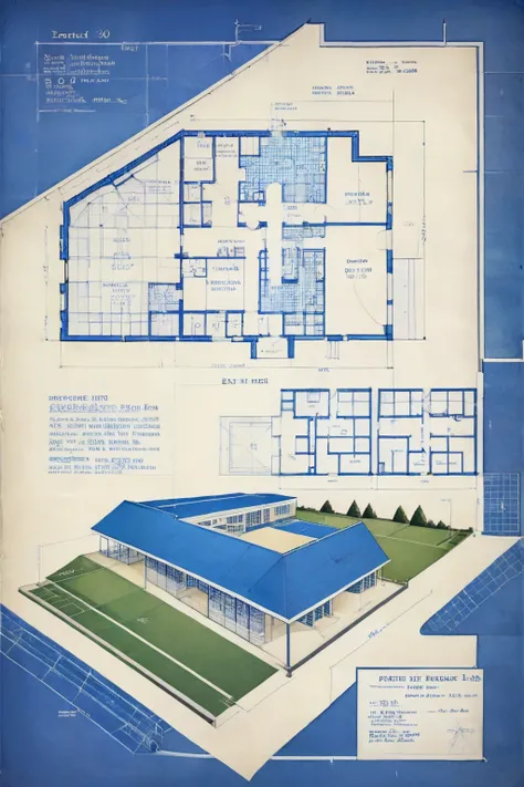 ON PARCHMENT,INK ILLUSTRATION,bl3uprint,A axonometric view and detailed blueprints for a building built on an incline of a hill, the building is in the style of a yacht, sports hall Inside,tennis court outside ,the sea in the background,detailed markings,g...