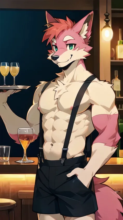 Anthropomorphic fox, In good condition, Pink fur, (Exquisite details), Smile, Handsome, OK, Black suspender shorts, bar, Waiter, Hold the tray, canine, male, giggle, (Slim, muscular, exquisite eyes), nipple,  naked, 