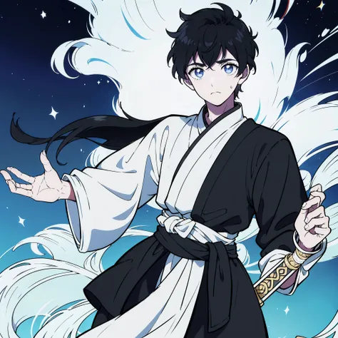 He looks like a sixteen-year-old boy，Height 172cm，black hair，M-shaped bangs，Starry blue eyes，Wearing a white and gold Chinese Tang Dynasty style god cloak，A black belt around the waist，There is a Tang sword on his waist，Poker face，Cool and youthful feeling