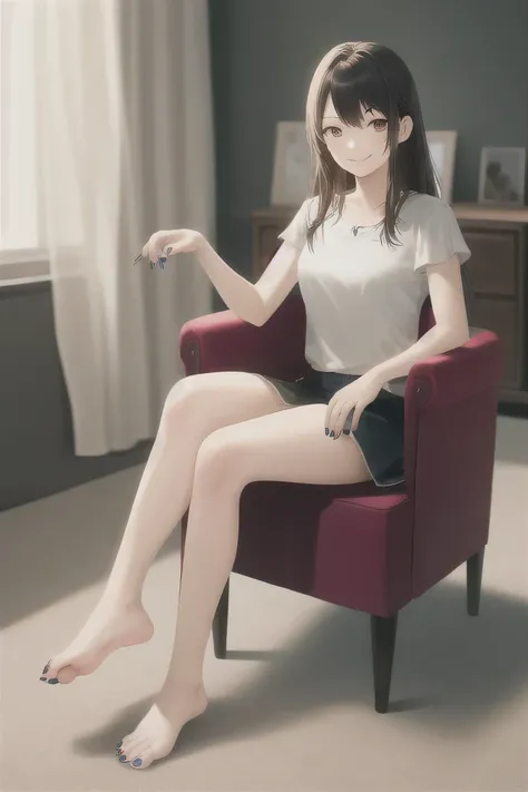 masterpiece, highest quality, high resolution, 1girl not wearing shoes、no shoes, nails on the toenails、smile, sitting, chair