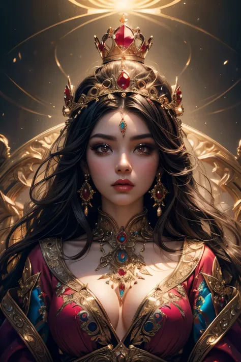 ((best quality)), ((masterpiece)), (detailed), person wearing costume, (Behance contest winner:1.2), fantasy art, crown of giant rubies, 3D goddess portrait, style of Ross Tran, captivating lighting, 8k resolution, striking facial expression, (elaborate co...