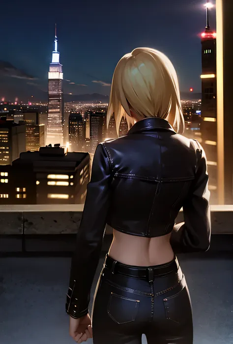 （parasite eve（aya brea blonde short hair　leather jacket　jeans））（backgroundamerican townscape　empire state building　beautiful lig...