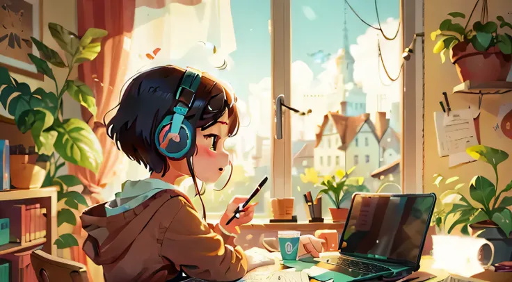 There is a girl sitting at the desk，With laptop and headphones, commend portrait, commend art, commend artstyle, commend girl, commend portrait at a window, Relax, Digital animation illustration, lo-fi art, commend feel, commend, Lo-Fi illustration style, ...