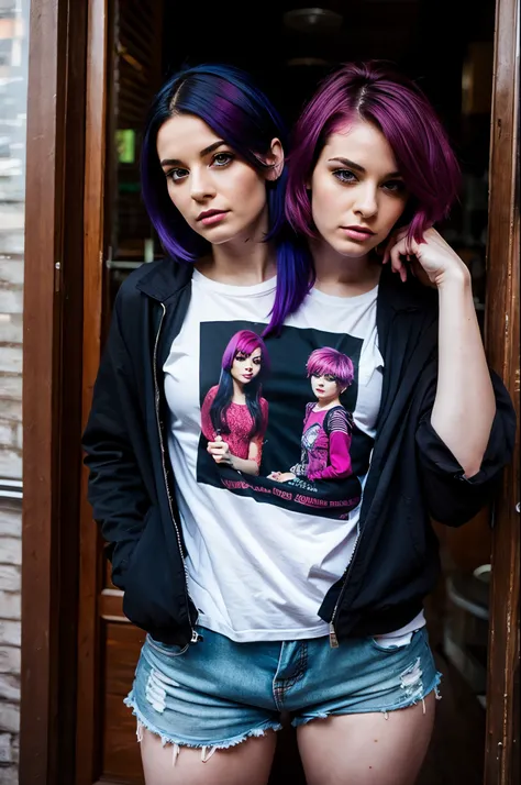 2heads, two headed woman, age 24, pale skin, short black hair with magenta streaks in front, punk rock fashion,