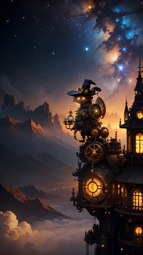 steampunkai。highest quality。masterpiece。detailed details。A steampunk witch observing the stars from the roof of a tower above the clouds。The background is the galaxy。