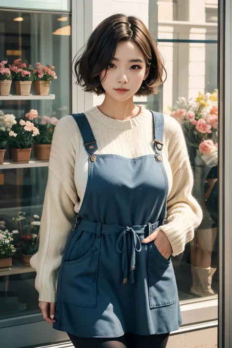 full-body portrait photograph of a young woman with "Wavy shoulder-length short hair." wearing sweater with pinafore, niniskirt with leggings, oversized_breasts.", she is strongest woman on Earth, beautiful_breasts. sensual body, standing, cute styl chlote...