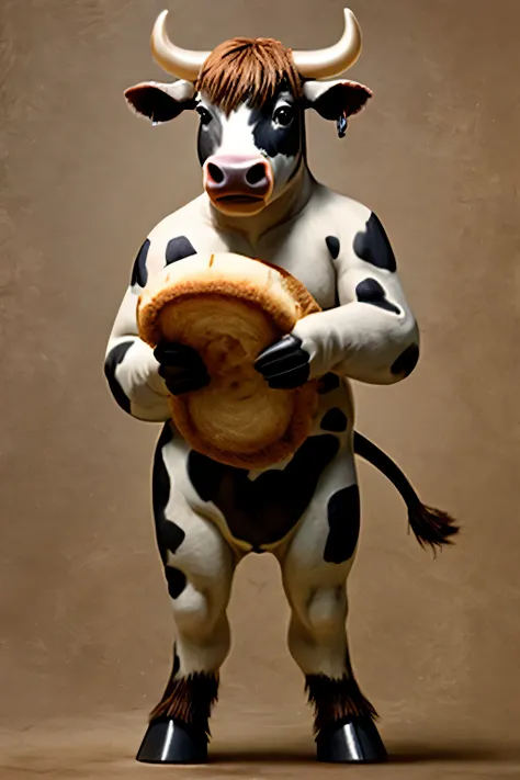 A cow standing holding a round bread