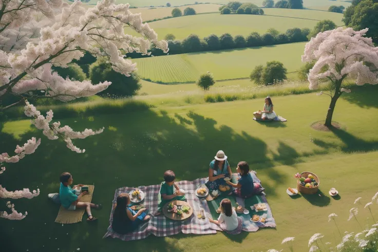 ((bird eye view)). An idyllic countryside picnic beneath a canopy of blossoming trees, with characters spread out on checkered blankets surrounded by rolling hills and meadows bursting with wildflowers. They enjoy a feast of sandwiches, scones, and strawbe...