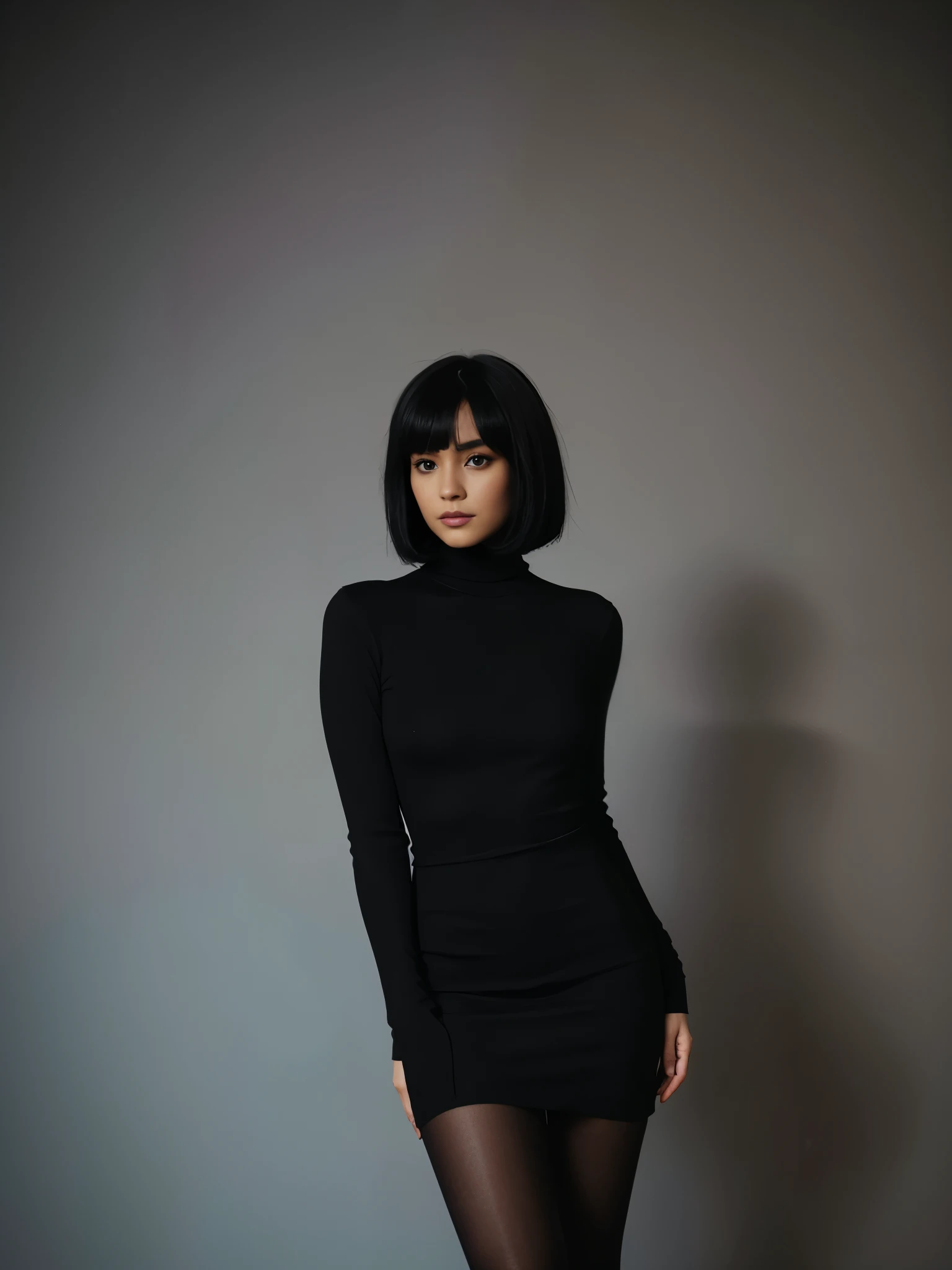 Magazine style photo of a young woman with black voluminous bob hair wearing a black and little bit of purple turtleneck dress inspired by Armani and Céline, indirect lighting, studio portrait, dark plain background, dynamic pose, beautiful body, 160 cm 50...