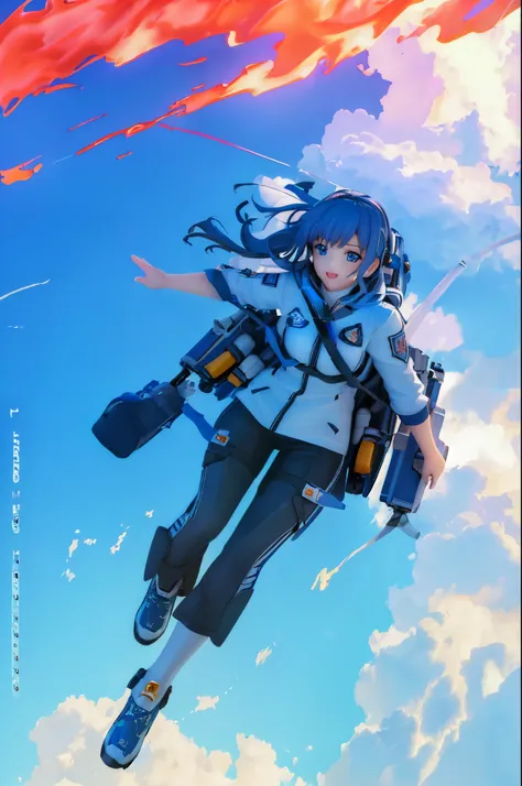 (best quality,4k,8k,highres,masterpiece:1.2),ultra-detailed,(realistic,photorealistic,photo-realistic:1.37),flying girl with jetpack, jet of flames, blue background, rocket, clothing