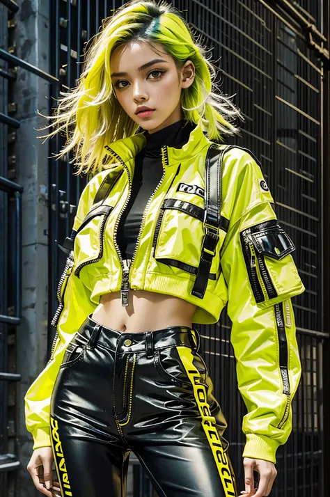 (beautiful, best quality:1.2), 1 girl, solo shot, 
Neon Yellow Streetwear with Harness Accents,
Craft a striking streetwear ensemble infused with neon yellow accents, juxtaposed against black and white tones,
Begin with a sleek black bodysuit featuring str...