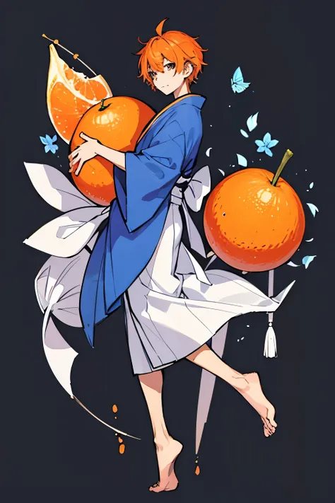 male、perfect body、Nopperabou、orange head、fruit、simple background、頭がfruit、wearing clothes、full body、facing forward、blue clothes、Iyokan、Ponkan、body is human、頭がfruit、white background、kimono、頭がfruit、monster、