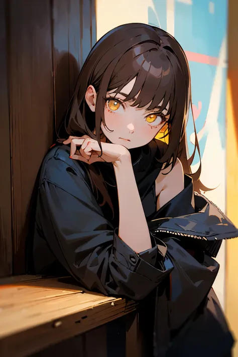 ((best quality)), ((masterpiece)), (detailed), perfect face，adult, Poker face, bar, leaning against wall, Internal, wooden Internal, 1 girl, brown hair, Shoulder length hair, yellow eyes, ,black jacket, glowing heart，sixties，seventies，neon lights
