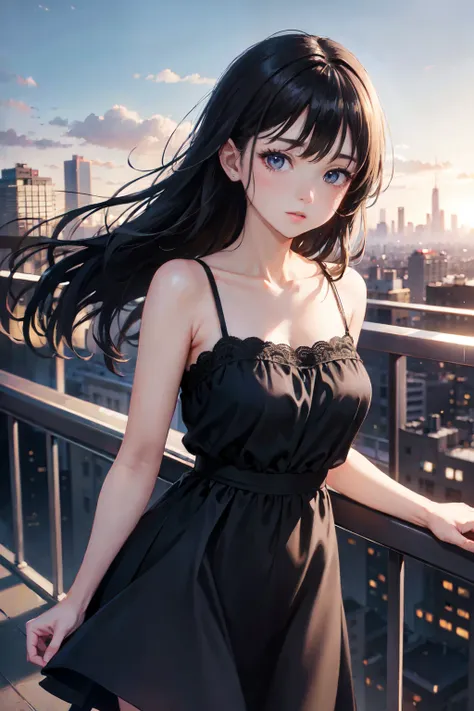 highest quality、cinematic lighting、girl、camisole dress、balcony、Urban cityscape in the background、black hair、