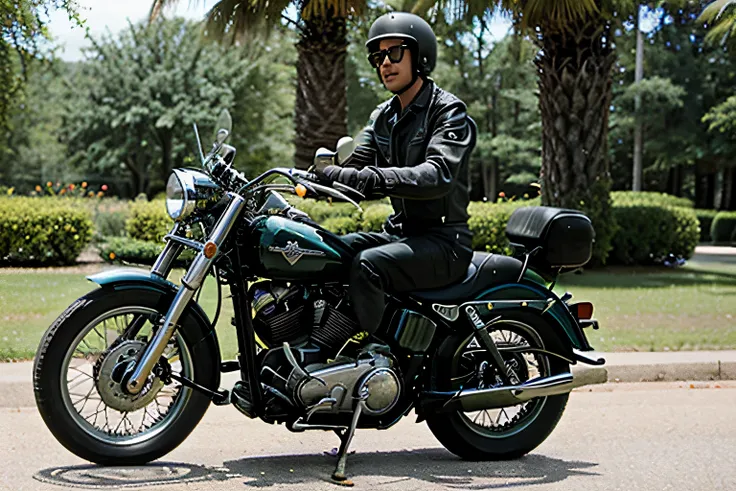 1950s Harley-Davidson touring motorcycle with a leather-clad rider wearing aviator sunglasses