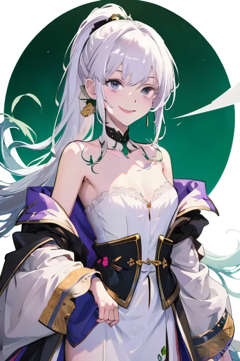 master piece，best quality person，1 girl，white colored hair，high ponytail，smile，lilac eyes，Brown robes，Dark green bandeau，dark green cape，expose the collarbone，exposed shoulders，exposed chest、underwear、sit on a tree，Surrounded by fallen flowers and butterfl...