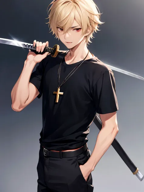 1 boy, guy, handsome, 18 years old, close up photo, standing,Short hair,Holding a katana sword,blonde hair, messy hair, handsome,black t-shirt,Cross necklace,black trousers,red eyes, vampire, ultra detail, ultra HD, masterpiece, best quality