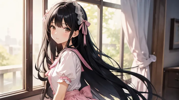 A beautiful girl wearing a pink and white sailor dress with lots of frills and lace.　black hair　A big ribbon on her long hair