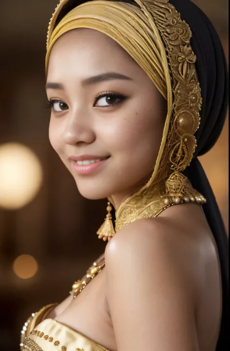 tzuyu, iu, yooa, 2girls, bellydancer, cleavage,  two beautiful teen javanese and chinese girls with hijab and few soft freckles, mole below eyes, detail skin texture, smile, , dramatic light , Rembrandt lighting scheme, (hyperrealism:1.2), (8K UHD:1.2), (p...