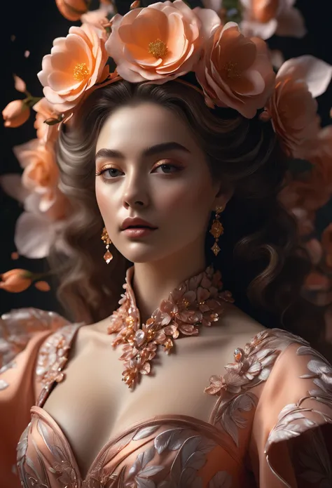 Masterpiece, high quality, queen of the rose flowers kingdom, beautiful female wearing flower suit, a haute couture dress of rose flowers and its petals, curvy features, costume design, octane render, supernatural grandeur, ethereal translucent layers, shi...