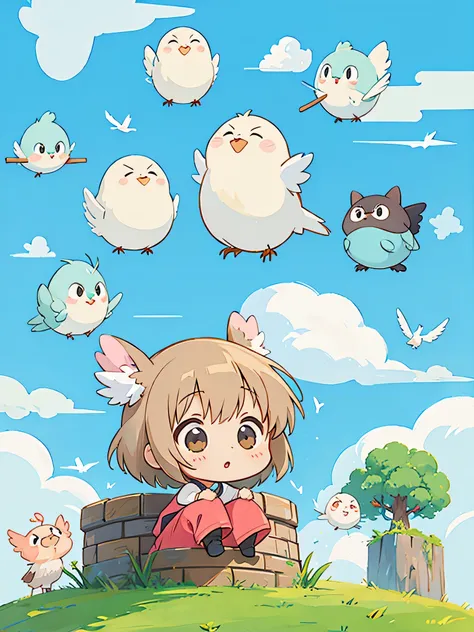 hayao miyazaki style、Kawaii Design, most beautiful girl ever、Chibi, birdie、High walls