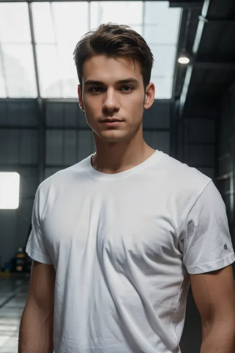 masterpiece, real photo, perfektes face, realistic, masterpiece, foto, studio, man, young, white t-shirt, posing front of camera, in a hangar, dark light, smooth lighting, t-shirt, normal t-shirt, facing to camera, frontal to camera, matte material, matte ...