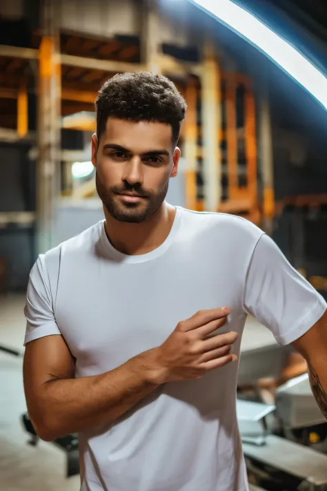 masterpiece, real photo, perfektes face, realistic, masterpiece, foto, studio, man, young, white t-shirt, posing front of camera...