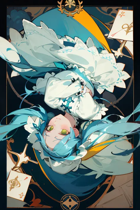 Tiffany Blue Hair,Upside twin tails,yellow-green eyes,white lolita clothes,frills,lace,head dress,cross,tarot