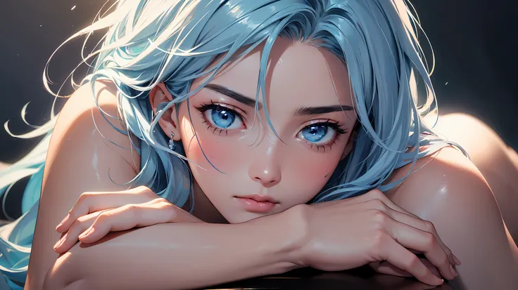 highly detailed, caustics, 8K, masterpiece, anatomically correct, award winning, highres, SFW, portrait, a woman, mature look, Light blue hair streaked pink, nude, full_Body, (perfect_Face), Best hair quality, Extra super detailed eyes, Extra high facial d...