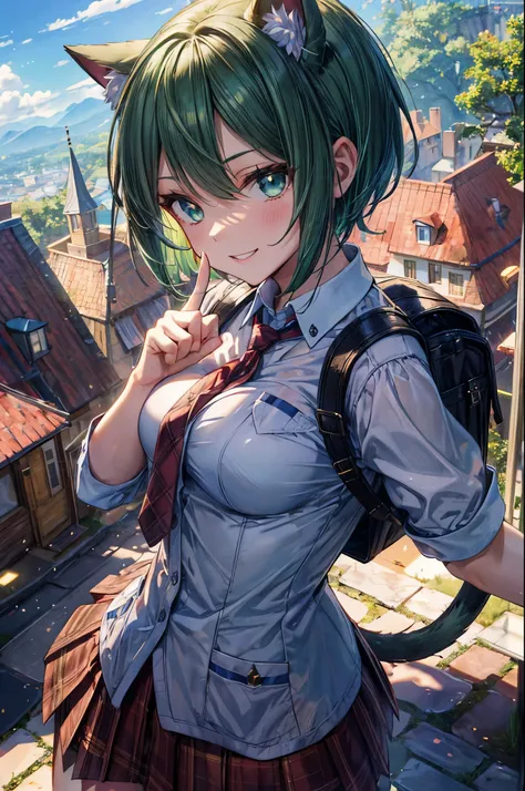 ((school uniform)), mechanical knee joint, ((triangle shaped tie)), ((deltamon_beta:1.5)), (carrying a backpack), (a tail growing from the butt), break, short hair, ((green hair1.5)), (cat ears a green), bob cut, (((4 defined fingers))), (((1 defined thumb...