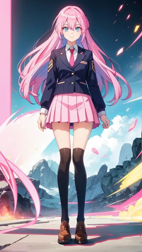 sight, thin legs, short skirt, permanent, beautiful eyes, blue eyes, happy, soldier, pink hair, long hair, high socks, office