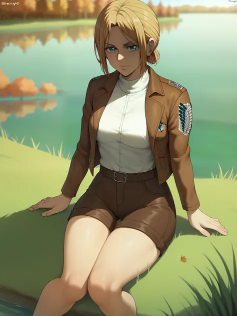 score_9,score_8_up,score_7_up, shexyo, shexyo style, attack on titan, annie leonhart, front view, thighs, thigh focus, leather shorts, white shirt, brown shorts, brown jacket, open jacket, outdoors, lake, grass, sitting on ground, sitting, nature, autumn, ...