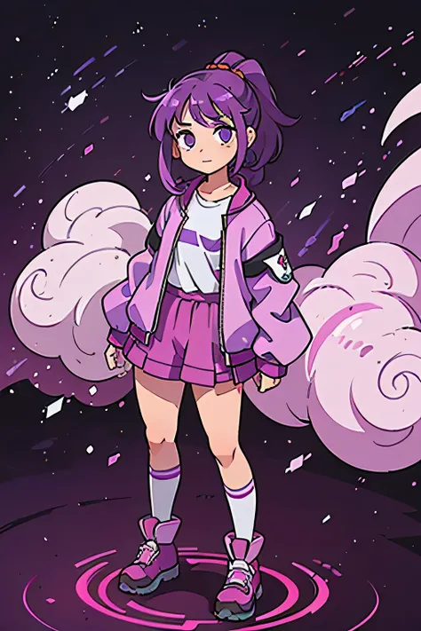 12 year old girl. messy magenta ponytail hair. magenta eyes. wearing purple jacket. wearing boots.whole body can be seen. arms at the side standing straight. facing forward. cosmic cloud background.